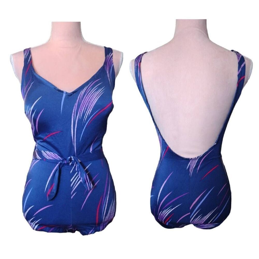 VTG 60s USA Rose Marie Reid Blue Purple‎ One Piece Swimsuit Plussize 14